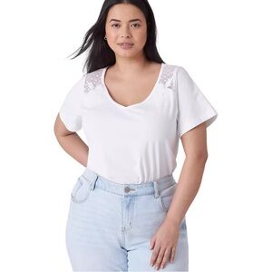 Lane Bryant Women’s White Cotton Embroidered Lace‎ Short Sleeve Tee Size 22/24